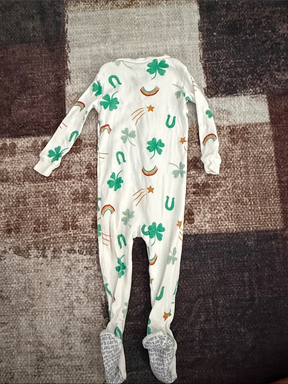 Carter's White Footed One-Piece Pajama with Green Clover, Rainbow & Orange Stars